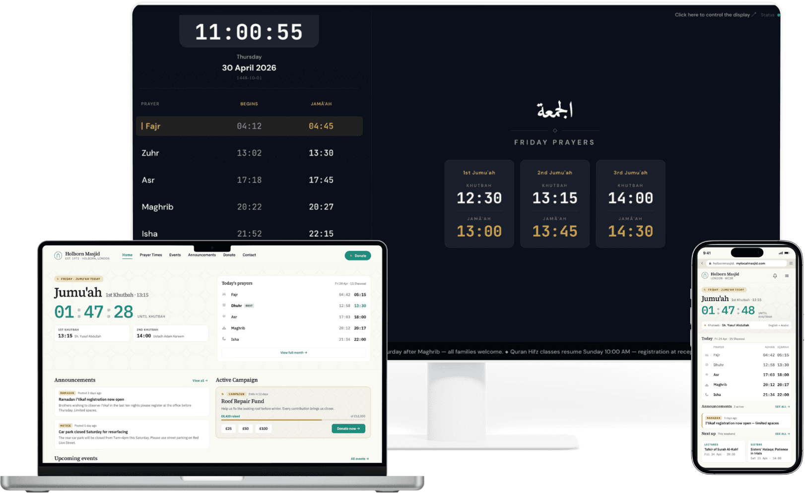 Masjid website, screen and mobile app