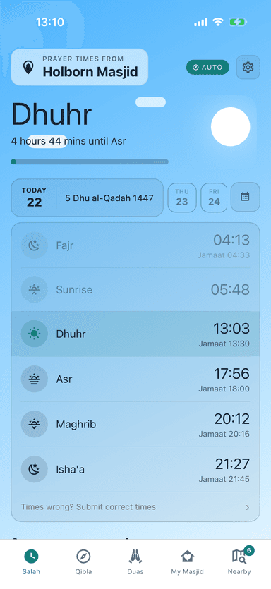 Prayer times screen showing today's salah and jamaat times