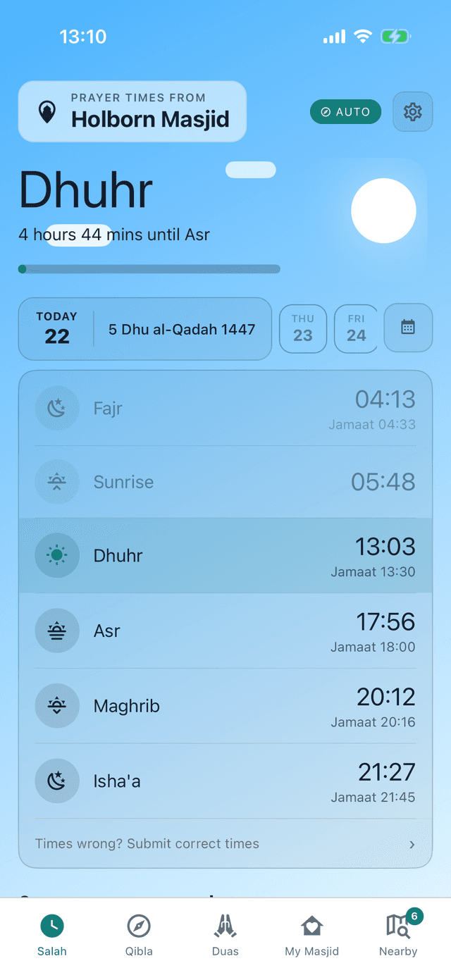Prayer times screen showing today's salah and jamaat times